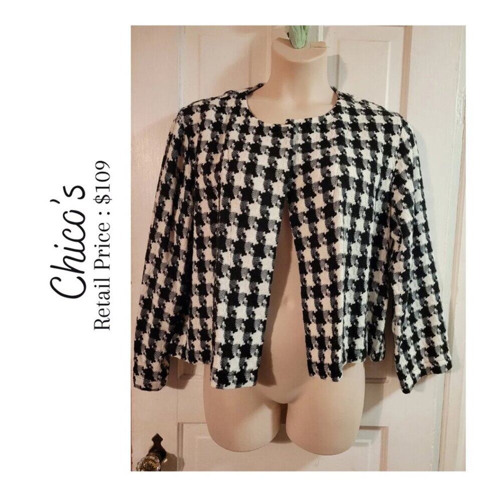 Chico's Black & White Check Cropped Jacket One Button Size 2